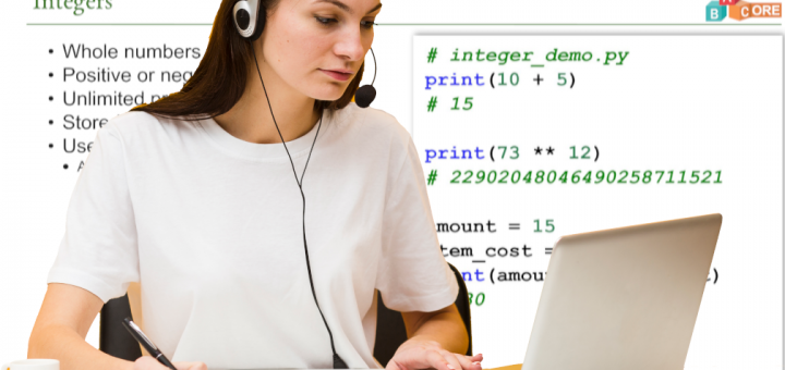 Course participant wearing headphones looking at a laptop screen, against a course slide as the background